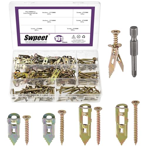 Swpeet 201Pcs 4 Sizes Colored Zinc-Plated Drywall Self-Drilling Anchors with Screws and Drill Bit Assortment Kit, No Drill Or Holes in Wall for TV, Bike, Shelf Straps, Decoration Fixing Curtains - color: Colored