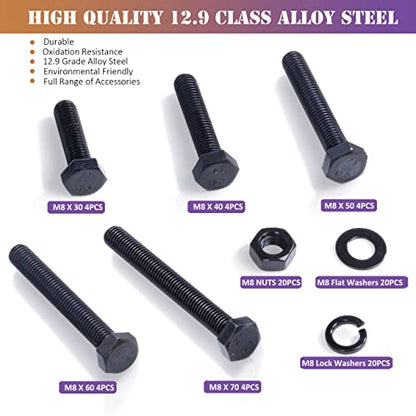 80Pcs m8 x 1.25 Bolt Metric Nuts and Bolts Assortment 30mm, 40mm, 50mm, 60mm, 70mm, 20 Sets Black Full Thread Hex Head Bolts and Nuts Kit M8, 12.9 Grade Alloy Steel with Flat and Lock Washers - style: black-M8 Hex Bolts