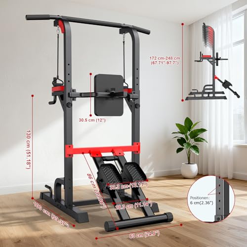 Power Tower Pull Up Bar Free Standing,Multi-Level Adjustable Height Dip Station, Multi-Grip Handles,Backrest,Home Gym Strength Training Equipment with Power Elastic Ropes,Capacity 400LBS