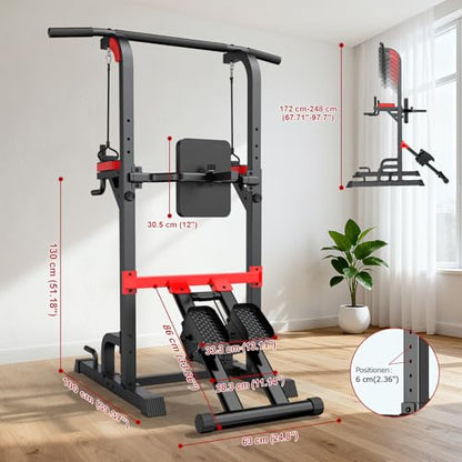 Power Tower Pull Up Bar Free Standing,Multi-Level Adjustable Height Dip Station, Multi-Grip Handles,Backrest,Home Gym Strength Training Equipment with Power Elastic Ropes,Capacity 400LBS