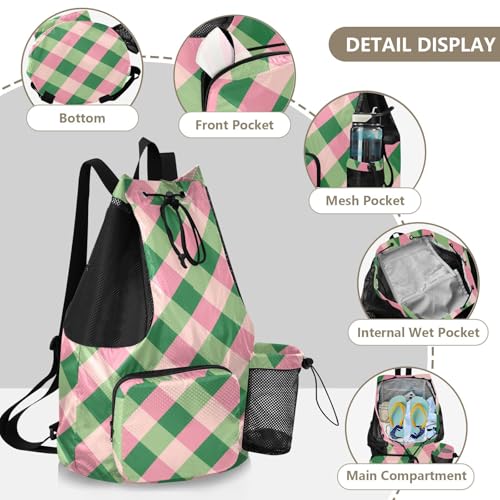 Blush Green Square Drawstring Backpack Climbing Gym Bag With Inside Pockets Wet and Dry Separation