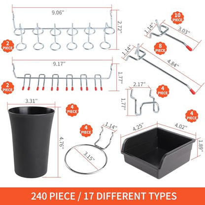 240PCS Pegboard Hooks Assortment, Pegboard Accessories Organizer Kit with Pegboard Bins, Pegboard Cups, 1/8 and 1/4 inch Peg Board Hooks for Hanging Tools, Garage Pegboard Wall Organization - style: 240 Pcs