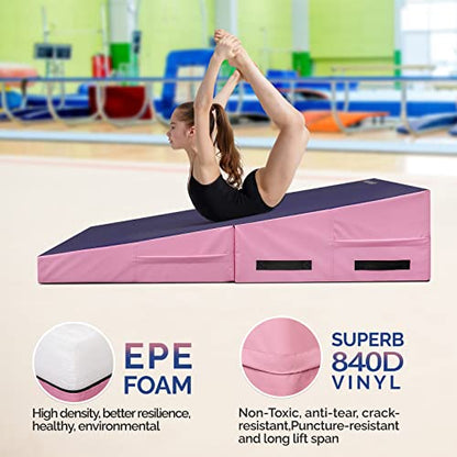 Matladin Folding Gymnastics Cheese Wedge Incline Mat, Gym Fitness Tumbling Skill Shape Mat for Kids Girls Home Training Exercise - color: Purple+Pink