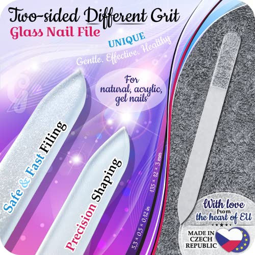 GLADZY Genuine Czech Glass Nail File Set - Callus Remover Foot Rasp, Cuticle Pusher Manicure Stick, Double Sided Etched Different Grit Surface, Professional Nail Care Tool, Made in EU - color: All-in-one Set - Aqua Magenta