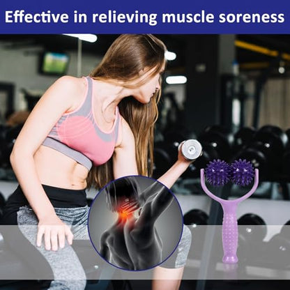 CIATBYYJ Spiky Massage Balls Rollers with Dual Ball Design | Manual Massage Stick, Ergonomic Handle, Lightweight and Portable, Pain Relief for Back Neck Shoulder Leg - color: Purple