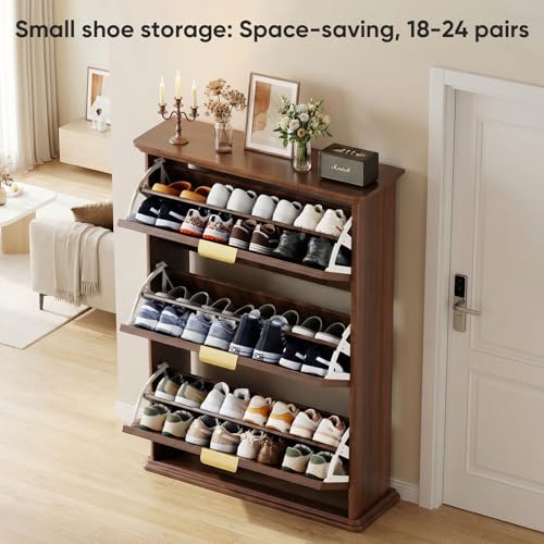 Walnut Hidden Shoe Storage Cabinet,Narrow Shoe Rack Cabinet with 3 Flip Drawers,Freestanding Shoe Organizer for Entryway