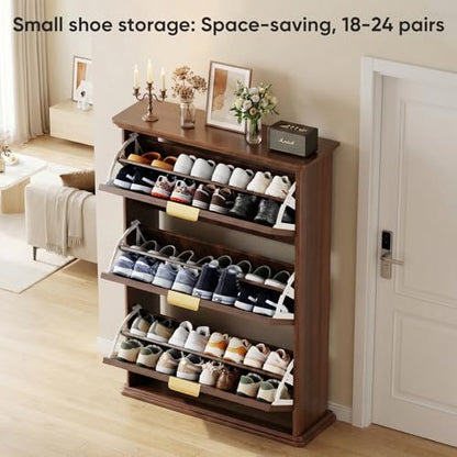 Walnut Hidden Shoe Storage Cabinet,Narrow Shoe Rack Cabinet with 3 Flip Drawers,Freestanding Shoe Organizer for Entryway