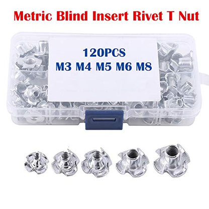120 Pcs M3 M4 M5 M6 M8 Zinc Plated Carbon Steel T-Nuts Four Claws Nut Assortment Kit for Wood, Rock Climbing Holds, Cabinetry, Furniture