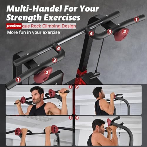 Pooboo Power Tower Dip Station Pull Up Bar for Fitness Home Gym Workout,450 Pounds Multi-Function Adjustable Height Fitness Strength Training Exercise Equipment,with Power Elastic Ropes - color: Black11