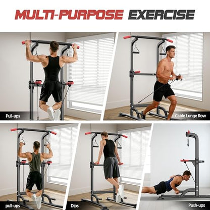 Power Tower Pull Up Bar Free standing with Resistance Bands, 350LBS Heavy Duty Alloy Steel Dip Station for Home Gym Strength Training, Adjustable Height Workout Equipment