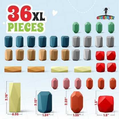 36 Pcs Wooden Stacking Blocks – Montessori Toys for 1 2 3 4 5 6 Year Old Toddlers and Kids, XL Rocks, No Choking Hazard – Sensory STEM Building Stones, for Girls and Boys - size: 36 XL Rocks