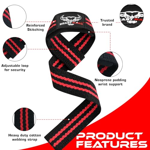 BEAST RAGE Lifting Wrist Straps for Weightlifting, Straps Gym Grip Power Workouts Lifting Straps Padded Neoprene & Premium Cotton Men Women, Deadlift Bodybuilding Exercise Lifting Straps - color: Black / Red
