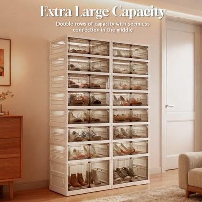 9-Tier Foldable Shoe Rack Organizer, 36 Pairs Stackable & Collapsible Shoe Cabinet with Transparent Doors & Leather Handles, Space-Saving Storage for Entryway, Closet, Kitchen, Cabinet, White - size: 9 Tiers