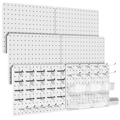 Peg board, Metal Pegboard for Tools, 8 Pack White Wall Organizer with Hooks | 12"x16" steel panels with 36 hooks, 6 bins and peg locks for garage tools, kitchen, office and craft storage - color: Gun gray, size: 14.76"x10.82"- 6 Pcs