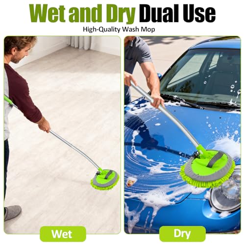 15° Curved Car Wash Brush with Long Handle 43" Extension Cleaning Mop Exterior Interior Carwash Duster 3-Section, 90° Pivoting Extralarge Microfiber Head for Scratch-Free Car, SUV & Truck - color: Green