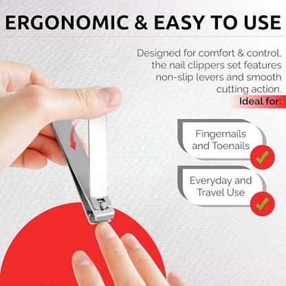 Nail Clipper Set for Men & Women – Stainless Steel Fingernail Clipper & Toe Nail Clippers with Curved & Straight Blades Toe Professional Nail Cutter Kit with Tin Case for Gift & Travel - color: Silver