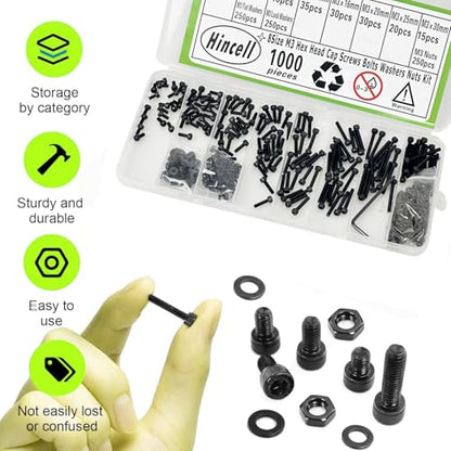 1000Pcs M3 Screws Assortment Kit, 12.9 Grade Hex Bolts Set for 3D Printer | M3x6/8/10/12/16/20/25/30mm,12.9 Grade Black Zinc Plated - size: M3x6/8/10/12/16/20/25/30mm
