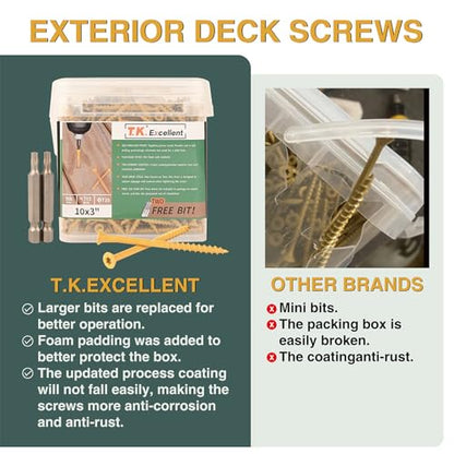 T.K.Excellent Deck Screws 3 Inch Wood Screws #10 x 3, 315 Pcs, Rust Resistant Structural Screws Tan Exterior Fence Screws Torx Drive Screw, Two T25 Bits, Brilliant Yellow Ruspert Coating Rust Proof - size: #10×3