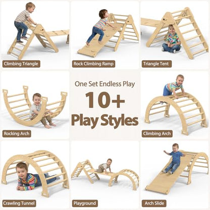 Large Pikler Triangle Set, 7-in-1 Toddler Climbing Toys Indoor, Wooden Montessori Climbing Set with Arch Ramp Ladder, Foldable Baby Jungle Gym Playground (Wood) - color: Wood