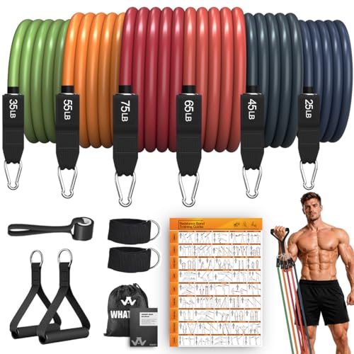 WHATAFIT Resistance Bands, Exercise Bands with Handles, Workout Bands for Working Out, Fitness Bands Set for Home Gym Full Body Strength Training, Muscle Tone, Yoga & Stretching - color: 300LB-Orange-red