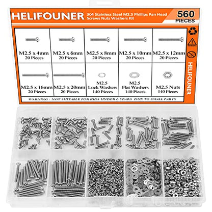 HELIFOUNER 560 Pieces M2.5 x 4mm /6mm /8mm /10mm /12mm /16mm /20mm, Phillips Pan Head Machine Screws, Metric Screws Bolts Washers Nuts Kit, 304 Stainless Steel - size: M2.5, style: Phillips Pan Head