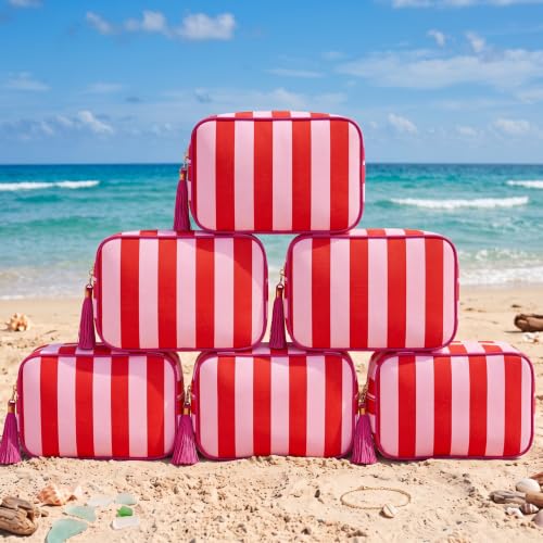Kacctyen 6 Pack Tomato Red and Light Pink Striped Makeup Bag bulk with Tassel Travel Cosmetic Pouch Organizer Large Zipper Toiletry Case for Women Aesthetic Storage Pouch Mahjong Tile Bag - color: Tomato Red and Light Pink