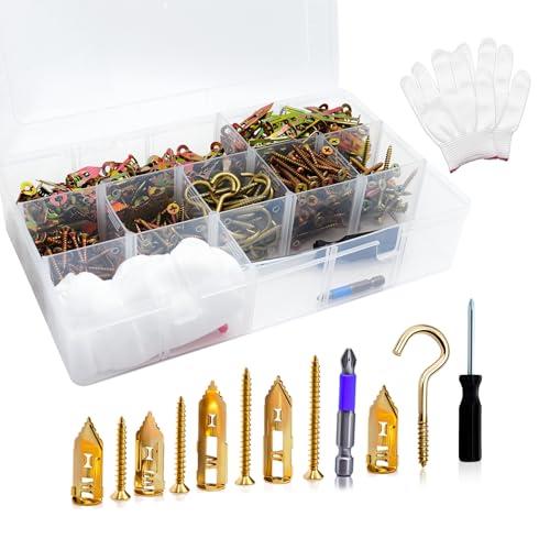 510pcs Self-Drilling Drywall Anchors with Screws and Screw Hooks,4 Sizes Screws and Drywall Anchor,1 Size Wall Anchors with Screw Hooks,Zinc Plated Expansion Screw Set No Drilling Required (Gold) - color: Gold