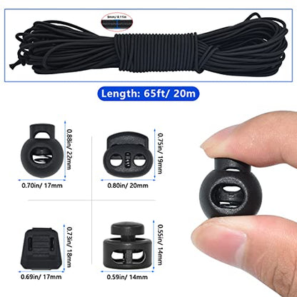 BDS-HOME 40Pcs Plastic Cord Locks with 1/8-Inch 65ft Elastic Cord Stretch String Sing-Hole and Double-Hole Spring Toggle Stopper Slider for Drawstring, Shoelaces, Clothing, Backpack, Bags