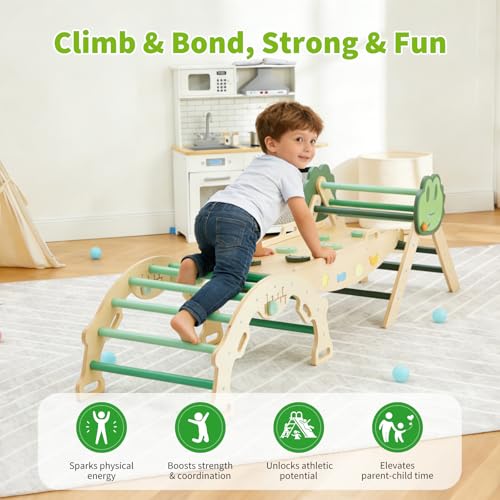 7-in-1 Collapsible Climbing Triangle Climbing Set for Toddlers, Wooden Indoor Jungle Gym Playground with Arch, Ramp & Ladder, Space-Saving, Toddler Climbing Toys– Green - color: Green