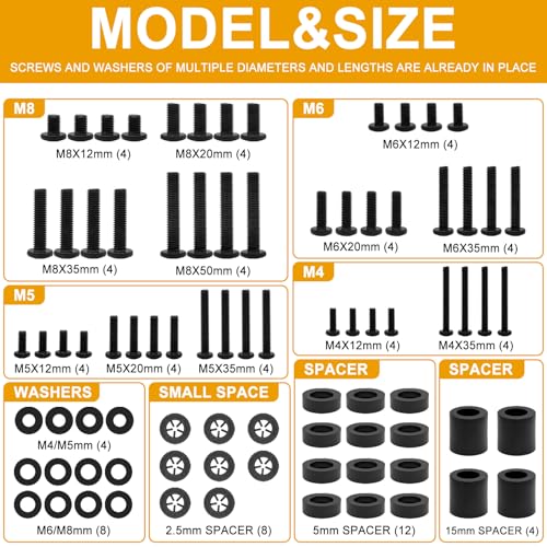 Universal TV Mounting Screws Hardware Kit with Box, Includes M4 M5 M6 M8 Screws, Washers, and Spacers, Compatible with Any TV Wall Mount/Display Up to 80 Inches (Black)
