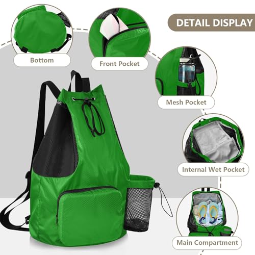 Yuiboo Green Drawstring Backpacks Climbing Gym Bag with Water Bottle Pocket Cinch Pack Dry Wet Separation