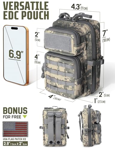 2 Pack Molle Accessories Tactical EDC Pouch, Small Tool Bag, Utility Phone Holder IFAK for Duty Belt, Backpack, Vest (Includes 2 US Flag Patch) - color: ACU