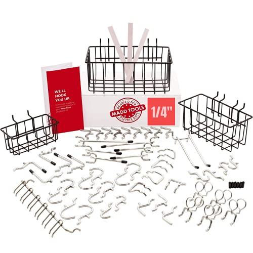 Heavy Duty Pegboard Hooks & Baskets Set, 60-Piece Pegboard Organizer | Stainless Steel ¼” Peg Board Accessories, 57 Chrome-Plated Peg Hooks & 3 Black Storage Bins for Garage, Workshop, Craft Room