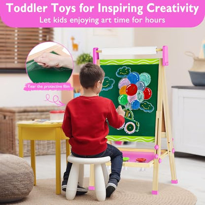 Adjustable Double-Sided Magnetic Wooden Easel for Kids with Paper Roll | Kids Easels,Dry Erase Whiteboard and Chalk Board,Eductional Learning Toys for 3 -10 Year Old Girl Boy Gifts - color: Green