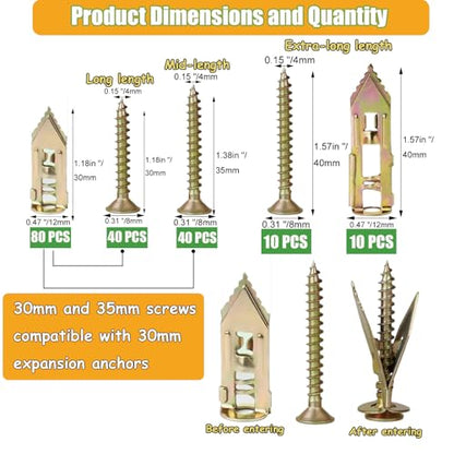 Drywall Anchors with Screws Kit 180PCS, Self Drilling | Heavy Duty Expansion Anchors for Sheetrock, No Pre-Drilling for Picture Mirror Shelf, 2 Sizes Anchors + 3 Sizes Zinc Screws
