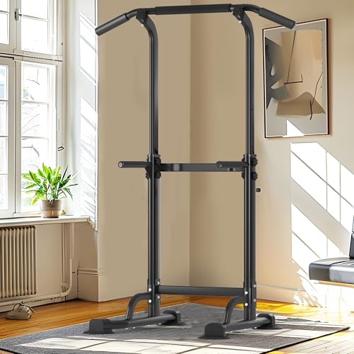 Adjustable Power Tower Pull Up Bar Dip Station, Free Standing Pull Up Rack Dip Station for Home Gym, 400LBS Capacity Height Heavy Duty Multi-Function Home Strength Training Fitness Workout Equipment - color: Black