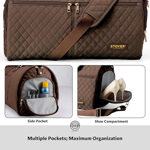 STOVER Women’s Convertible Garment Duffel Bag for Travel – 2-in-1 Carry-On Weekender/Overnight Tote - Wrinkle-Free Dresses, Suits & Clothes + Shoe Compartment & Bonus Toiletry Bag (Mocha Brown) - color: Mocha Brown