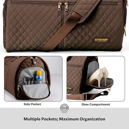 STOVER Women’s Convertible Garment Duffel Bag for Travel – 2-in-1 Carry-On Weekender/Overnight Tote - Wrinkle-Free Dresses, Suits & Clothes + Shoe Compartment & Bonus Toiletry Bag (Mocha Brown) - color: Mocha Brown