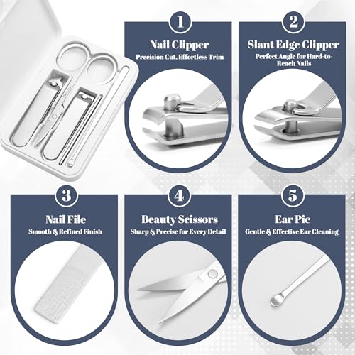 Calmi Compact Manicure Set for women, 5-in-1 Stainless Steel Nail Grooming Kit with Magnetic Travel Case – Small Nail Clippers & Tools for Daily Fingernail Care