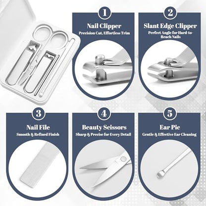Calmi Compact Manicure Set for women, 5-in-1 Stainless Steel Nail Grooming Kit with Magnetic Travel Case – Small Nail Clippers & Tools for Daily Fingernail Care
