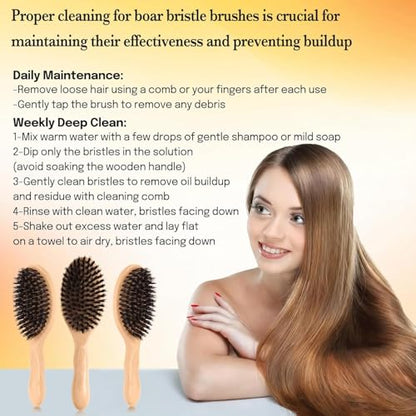100% Boar Bristle Hair Brush for Thin Fine Hair, Shine & Frizz Control | Handmade Wooden Slick Back Brush Gently Smooth Polish Dry Damaged Hair for Women & Men, Minimize Flyaways, Reduce Breakage