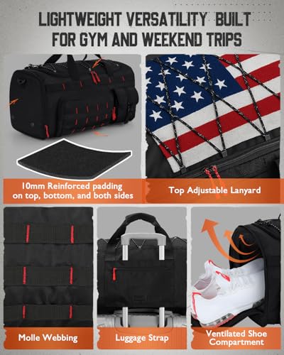 Gonex 45L Tactical Duffel Bag, 3-in-1 Gym & Travel Bag | Shoe compartment, Tactical gear loops, Water-repellent lining, 5 zip pockets, Weekend travel - color: Black with Red Accents, size: 45L