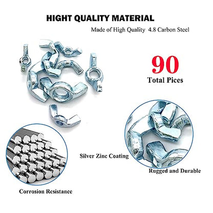 90 Pcs 5 Sizes 5/32",3/16",1/4",5/16",3/8" Wingnuts, Quality Carbon Steel Wing Nuts Zinc Plated Fasteners Parts Butterfly Nut, Hand Twist Tighten Hardware Nuts Butterfly Wing-Nut Assorted Kit - size: 5 Sizes (5/32", 3/16", 1/4", 5/16", 3/8") - 90 Pcs