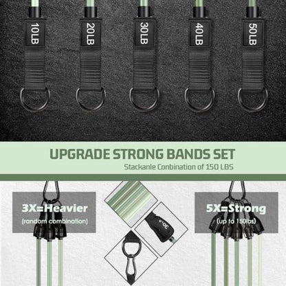 VEICK Resistance Bands with Handles, Ankle Straps, Door Anchor | Accredited Lab Certified, 100% Natural Latex, Cushioned Handles, Versatile for Yoga, Pilates, Strength, Home Gym - color: Green 150LBS