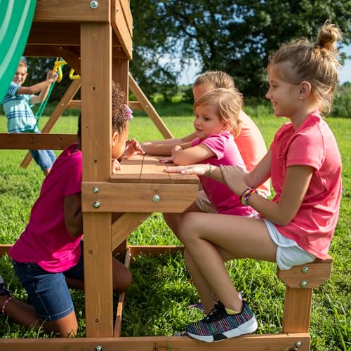 Backyard Discovery Belmont Cedar Wood Swing Set with Wave Slide, Play Deck, Rock Wall Ladder, Snack Bar Window, Shaded Picnic Area, Bench, Belt Swings, Trapeze, Sandbox Area, Canopy, Outdoor Playset - color: Green