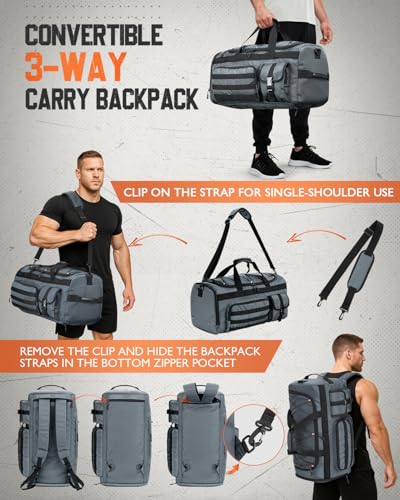 Gonex 45L Tactical Duffel Bag, 3-in-1 Gym & Travel Bag | Shoe compartment, Tactical gear loops, Water-repellent lining, 5 zip pockets, Weekend travel - color: Grey, size: 45L
