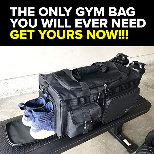 Fitdom 20" 32L Tactical Black Gym Duffle Bag with Shoe Compartment. Best Workout Bag For Men & Women. Black Gym Bag is Great For Basketball, Soccer & Other Sports As Well As Weekender & Overnight Bag