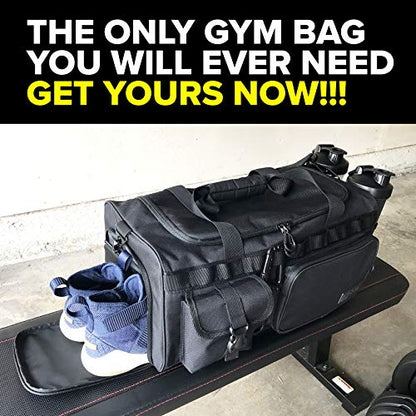Fitdom 20" 32L Tactical Black Gym Duffle Bag with Shoe Compartment. Best Workout Bag For Men & Women. Black Gym Bag is Great For Basketball, Soccer & Other Sports As Well As Weekender & Overnight Bag