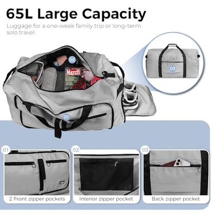 Fmeida 65L Duffle Bag with Shoes Compartment, Foldable Travel Duffel Bags for Men Women, Large Packable Travel Bag Water Repellent & Tear Resistant (Light Gray) - color: Glossy Light Gray