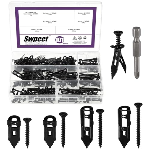 Swpeet 201Pcs 4 Sizes Black Zinc-Plated Drywall Self-Drilling Anchors with Screws and Drill Bit Assortment Kit, No Drill Or Holes in Wall for TV, Bike, Shelf Straps, Decoration Fixing Curtains - color: Black